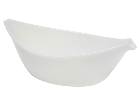 White ceramic gravy boat for pouring sauces and dressings on a transparent background