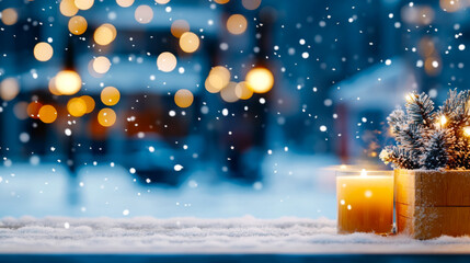 Cozy winter cafe ambiance with snowfall and warm candle glow