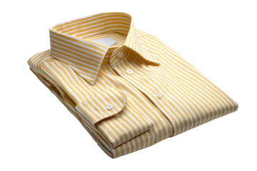 Folded yellow and white striped dress shirt with white collar and buttons clothing fashion, Isolated On Transparent Background, Png