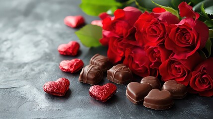 Red roses, heart chocolates, and glitter hearts on dark background