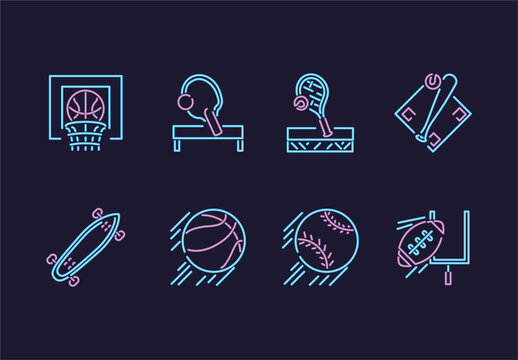 Pink And Blue Neon Sports Equipment Icons Set