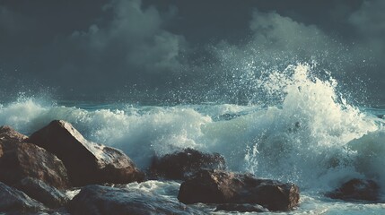 Dynamic ocean waves relentlessly crash against rugged coastal rocks under a dramatically dark and turbulent sky, capturing the untamed power and raw beauty of a fierce sea storm