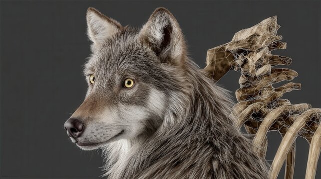 A majestic wolf portrait enhanced with a subtle wireframe of its skull and migratory path, captured in dramatic studio light against a deep grey background.