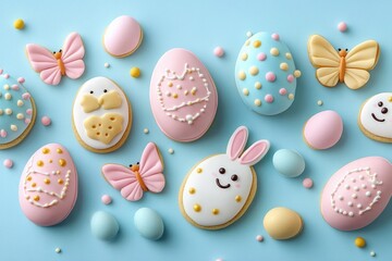 Colorful pastel Easter-themed cookies decorated with bunny faces, butterflies, polka dots, and icing patterns laid out on light blue background