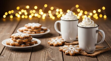 Two white mugs filled with hot chocolate and topped with whipped cream, accompanied by gingerbread cookies on a wooden table with a bokeh background.