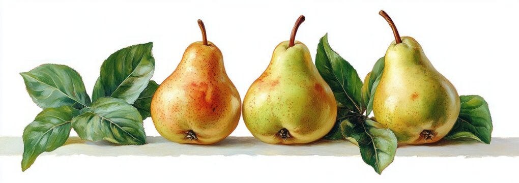 A realistic painting of three ripe pears with green leaves arranged in a row on a white background, showing detailed texture and natural colors