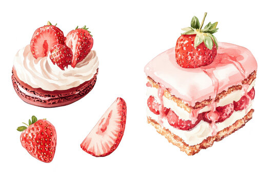A illustration of delicious desserts featuring a macaron topped with fresh strawberries and a layered cake adorned with strawberries. set against a clean white background. perfect for culinary use