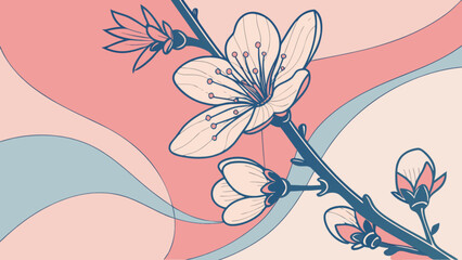 Illustration of a blooming cherry blossom branch against a pastel colored abstract background art piece