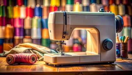 A sewing machine sits on a wooden table with spools of thread in the background