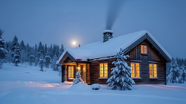 A cozy wooden log cabin with glowing windows and smoke rising from the chimney, nestled in a snowy winter forest at night under the moon.