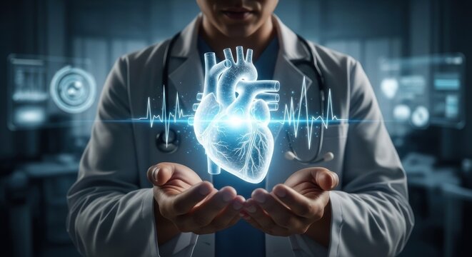 A doctor holding a digital representation of a human heart with a glowing wireframe. - Powered by Adobe