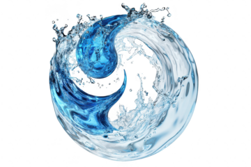 A dynamic swirl of clear and blue water. creating a visually striking shape resembling a yin-yang symbol. fluid motion and energy against a bright background. ideal for illustrating themes of balance