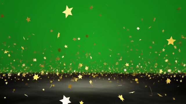 Golden Stars Falling and Accumulating on Reflective Surface Green Screen