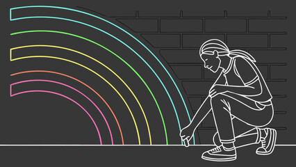 Person drawing a colorful rainbow on a brick wall with chalk in an outlined illustration style