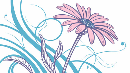 Illustration of a pink daisy with blue swirls and leaves on a white background design element