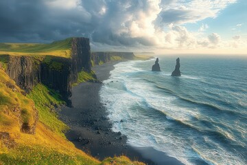Dramatic coastline with dark basalt cliffs, black pebble beach, two tall sea stacks, ocean waves under a sky filled with contrasting clouds at golden hour