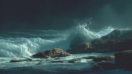 Dramatic Coastal Scene Waves Crashing on Rocky Shore