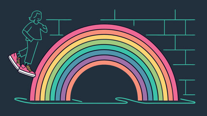 Person stepping over a rainbow with a brick wall background in a minimalist style illustration