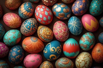 Colorful hand-painted eggs with intricate floral, geometric, and abstract designs arranged closely together, evoking a festive and artistic mood