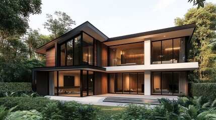 Modern two-story house with large glass windows surrounded by lush green trees and garden during daylight