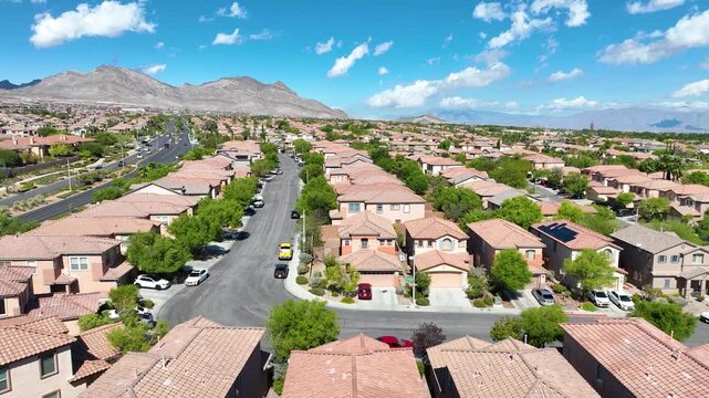 Aerial Las Vegas Suburban Neighborhood Red Rock Mountains Flyover