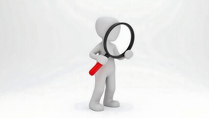3D white figure holding a large magnifying glass for search and inspection.