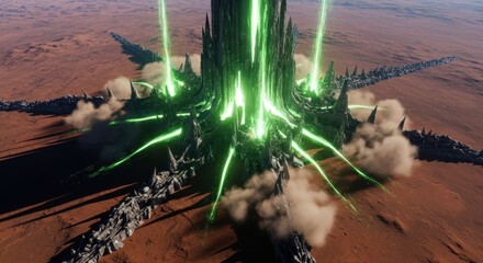Futuristic Alien Structure with Green Energy Beams on Desert Planet.