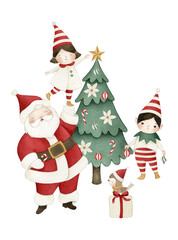 Watercolor Christmas illustration set for kids on white background with Santa Claus, elves, candy cane, gifts, ornaments, baubles, bow, bird, pine tree, and star, for greeting cards and gift wrapping