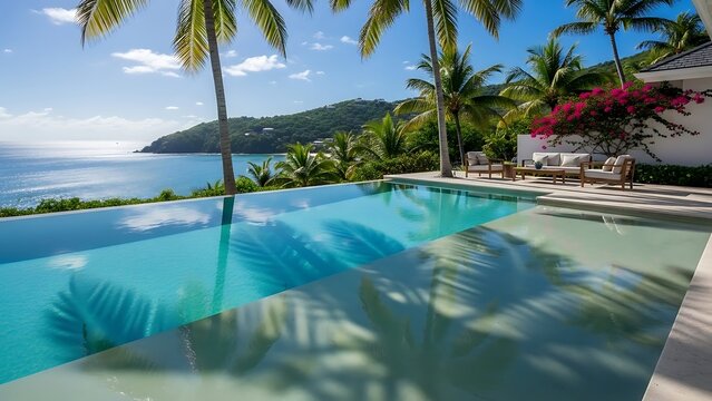 Luxury pool overlooking the ocean with palm trees and tropical foliage. - Powered by Adobe