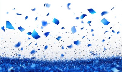 Abstract image of numerous blue particle fragments dispersing upward against a white background, creating a dynamic and energetic atmosphere
