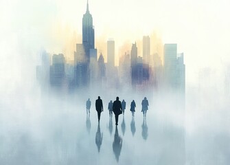 group of silhouetted people walking through a misty urban environment with tall skyscrapers fading into the fog under a soft morning sky