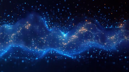 Abstract digital wave composed of blue and orange glowing particles and lines creating a flowing mesh pattern in a dark space