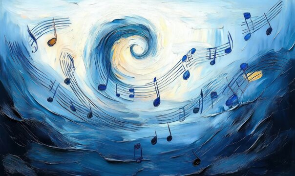 Abstract swirling ocean wave with musical notes flowing through the air creating a dynamic and harmonious atmosphere in shades of blue and white