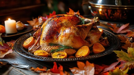Delicious roasted turkey with herbs and oranges, surrounded by autumn leaves