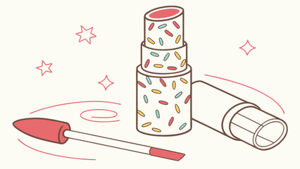 Illustration of a lipstick with sprinkles and a wand applicator with stars and swirl lines around it