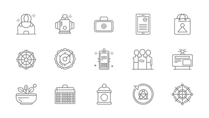 Diverse collection of minimalist line art icons featuring modern concepts from business, technology, lifestyle, and social applications, perfect for clean digital interfaces