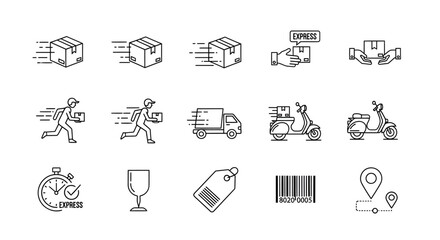 Set of express delivery icons showing packages, couriers, vehicles, and tracking