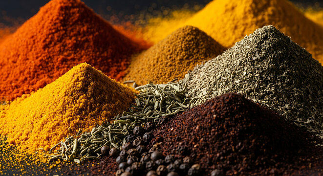 Vibrant Spice Heap A Colorful Mix of Culinary Delights Displayed in Various Textured Hues and Aromas