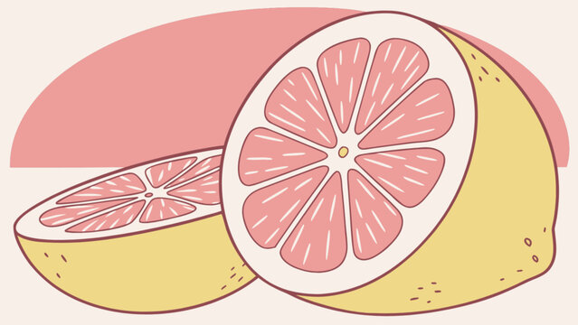 Illustration of two grapefruit halves with pink flesh and yellow rind on a light pink background shape