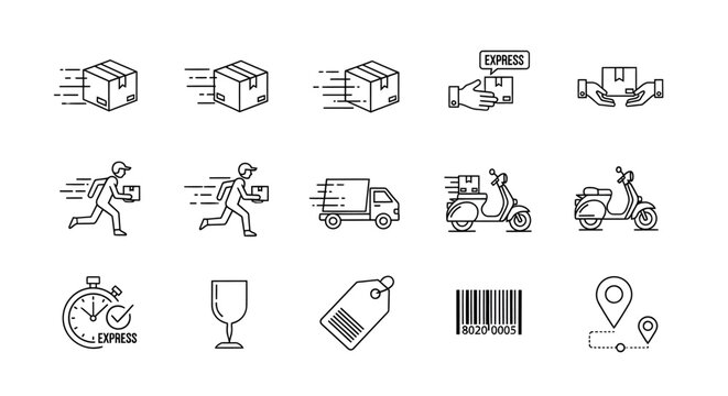 Set of express delivery icons showing packages, couriers, vehicles, and tracking