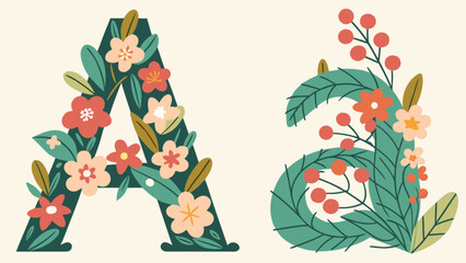 Floral uppercase and lowercase letter a with flowers and leaves in a decorative botanical arrangement