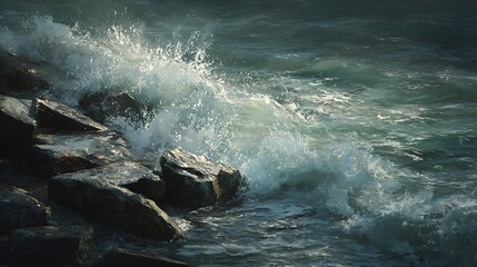 Crashing Waves on Rocky Shore A Serene Seascape