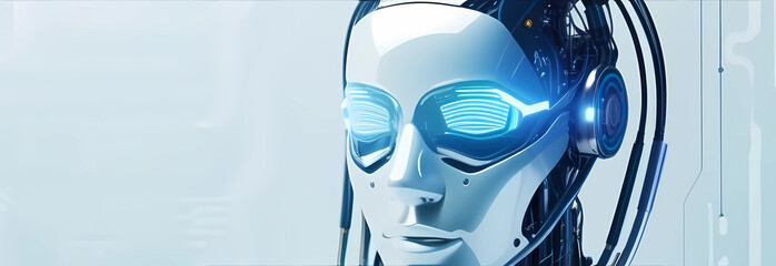 robot head showcases sleek, metallic design with glowing blue eyes. it is set in modern technology themed background, highlighting advanced features and intricate details. banner. close up.