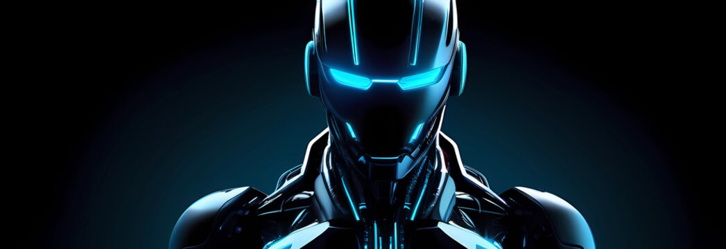 futuristic robot with sleek design stands against dark background, illuminated by blue lights. advanced technology reflects modern vision robotics and innovation. banner. close up.