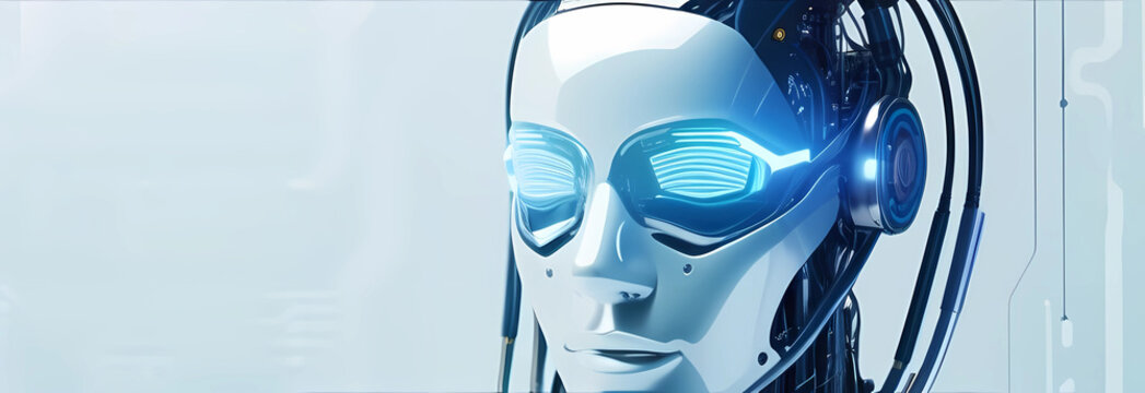 robot head showcases sleek, metallic design with glowing blue eyes. it is set in modern technology themed background, highlighting advanced features and intricate details. banner. close up.