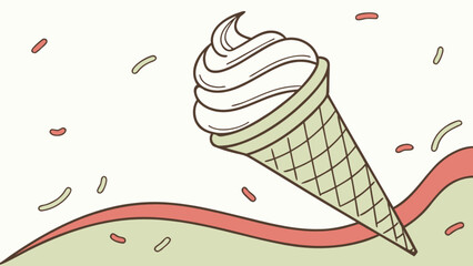 Illustration of a swirled ice cream cone with sprinkles and a wavy line on a light background