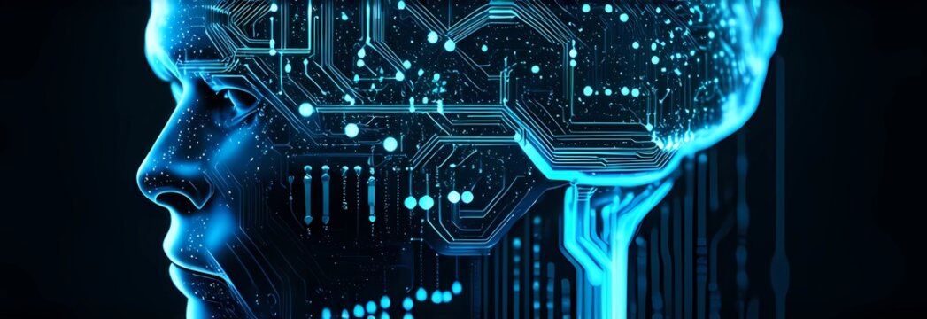 digital illustration shows human profile with glowing brain filled with circuits and lights, symbolizing connection between technology and human thought processes. banner. close up.