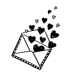 Open envelope with hearts vector illustration in doodle sketch style hand drawn outline in black and white. Cute romantic symbol for valentine card. Perfect for wedding design. Good for greeting.
