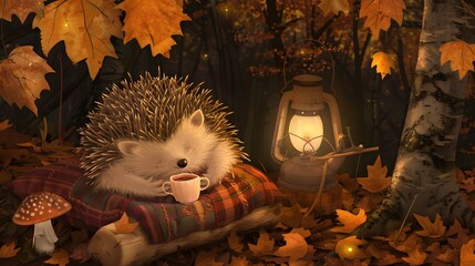 3D adorable cartoon hedgehog curled up with a tin hat