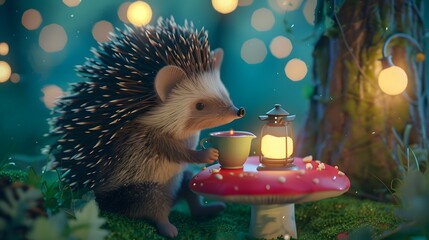 3D adorable cartoon hedgehog curled up with a tin hat